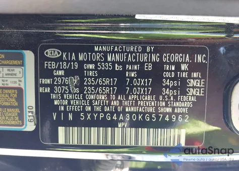 2019 Kia Sorento 2.4L Lx из США, поврежденный, VIN 5XYPG4A30KG574962